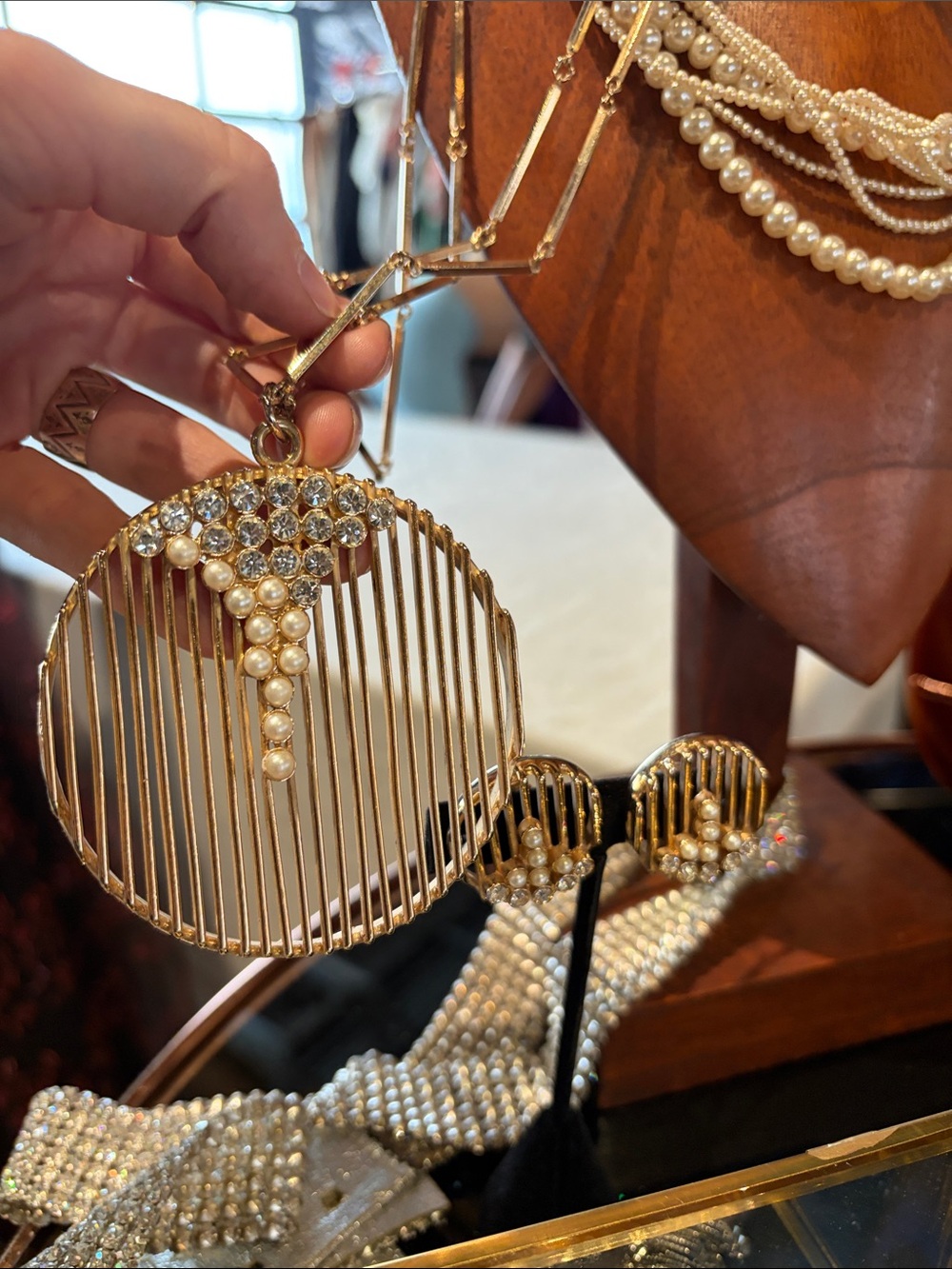 Gold Pearl & Crystal Statement Pendant Necklace